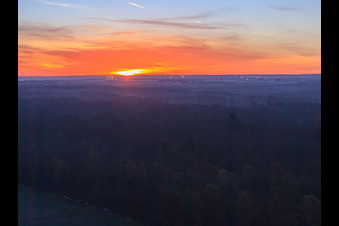 Aerial view of Sunrise over the Bienwald in Wörth am Rhein in the state Rhineland-Palatinate, Germany