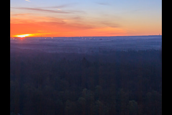 Aerial photograpy of Sunrise over the Bienwald in Wörth am Rhein in the state Rhineland-Palatinate, Germany