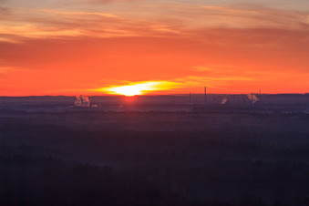 Aerial view of Sunrise over the Bienwald in Jockgrim in the state Rhineland-Palatinate, Germany