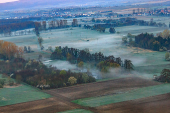 Aerial view of Biotope in the Otterbach lowlands in the morning mist in Minfeld in the state Rhineland-Palatinate, Germany