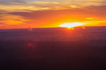 Aerial photograpy of Sunrise over the Bienwald in Jockgrim in the state Rhineland-Palatinate, Germany