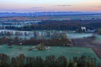 Hardtmühle in the Otterbach lowlands in the morning mist in Kandel in the state Rhineland-Palatinate, Germany