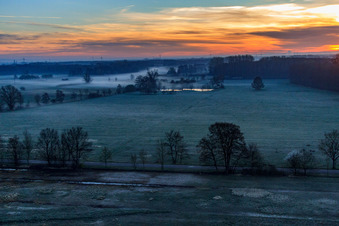 Biotope in the Otterbach lowlands in the morning mist in Minfeld in the state Rhineland-Palatinate, Germany from above
