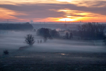 Colorful sunrise over the countryside in Minfeld in the state Rhineland-Palatinate dyes the sky orange and yellow