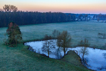 Biotope in the Otterbach lowlands in the morning mist in Minfeld in the state Rhineland-Palatinate, Germany from the plane