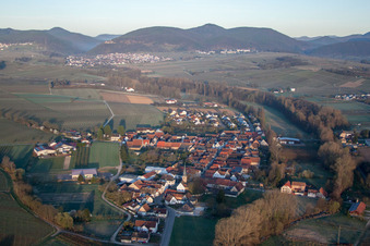 Village - view on the edge of agricultural fields and wine yards in the district Klingen in Heuchelheim-Klingen in the state Rhineland-Palatinate, Germany