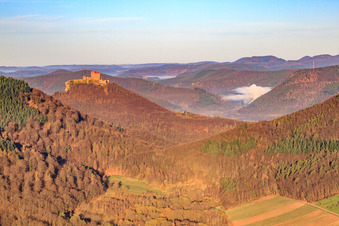 Aerial view of Trifels Castle from the Ranschbach Valley in Ranschbach in the state Rhineland-Palatinate, Germany