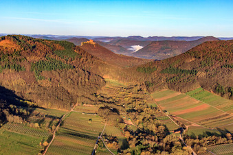 Aerial photograpy of Trifels Castle from the Ranschbach Valley in Ranschbach in the state Rhineland-Palatinate, Germany