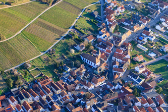 Aerial view of Catholic Parish and Pilgrimage Church of All Saints in Ranschbach in the state Rhineland-Palatinate, Germany