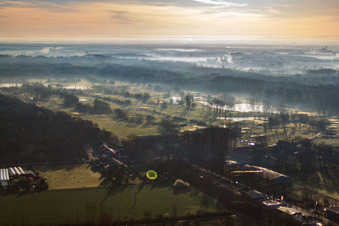 Aerial view of Golf Club Dreihof in the haze from the northwest in the district Dreihof in Essingen in the state Rhineland-Palatinate, Germany