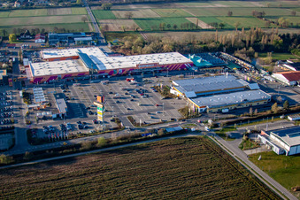 Aerial view of Hornbach parking lot in the district Dreihof in Bornheim in the state Rhineland-Palatinate, Germany