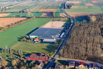 Aerial photograpy of Greenhouses of Fehmel Gemüse in the district Dreihof in Essingen in the state Rhineland-Palatinate, Germany