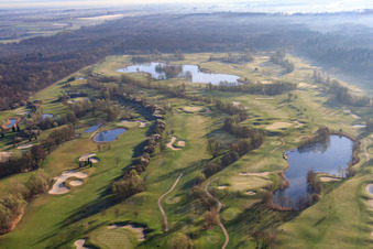 Aerial view of Golf Course Landgut Dreihof - GOLF absolute in the morning in the district Dreihof in Essingen in the state Rhineland-Palatinate, Germany