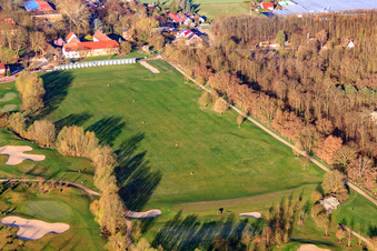 Oblique view of Clubhouse of the Landgut Dreihof golf course - GOLF absolute in the morning in the district Dreihof in Essingen in the state Rhineland-Palatinate, Germany