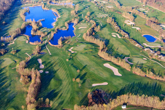 Oblique view of Golf Course Landgut Dreihof - GOLF absolute in the morning in the district Dreihof in Essingen in the state Rhineland-Palatinate, Germany