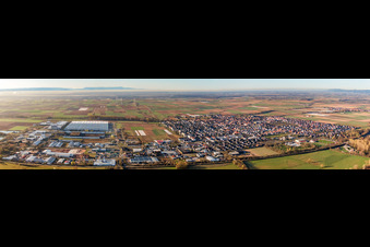 City panorama in spring from the north in Offenbach an der Queich in the state Rhineland-Palatinate, Germany