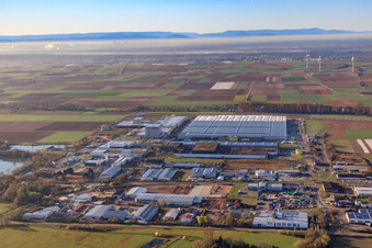 Interpark industrial estate from the north with Progroup Board GmbH and Mercedes-Benz Logistics Center in Offenbach an der Queich in the state Rhineland-Palatinate, Germany