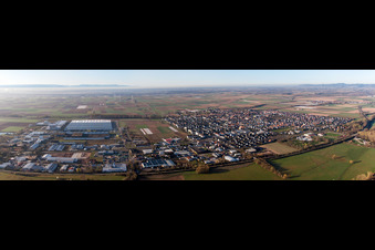 Aerial view of Panoramic perspective of Town View of the streets and houses of the residential areas in Offenbach an der Queich in the state Rhineland-Palatinate, Germany