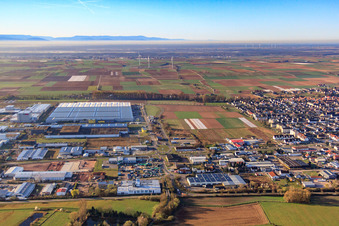 Aerial photograpy of Interpark industrial estate from the north with Progroup Board GmbH and Mercedes-Benz Logistics Center in Offenbach an der Queich in the state Rhineland-Palatinate, Germany