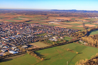 Aerial view of City overview in spring from the north in Offenbach an der Queich in the state Rhineland-Palatinate, Germany