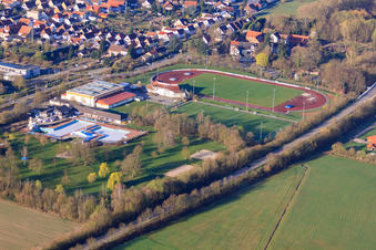 Aerial view of Stadium of FSV Offenbach and Queichtalbad from the northeast in Offenbach an der Queich in the state Rhineland-Palatinate, Germany