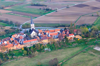Aerial view of Church of St. Dionysius at the city wall Hinterstädtel in Jockgrim in the state Rhineland-Palatinate, Germany