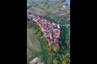 Oblique view of Church of St. Dionysius at the city wall Hinterstädtel in Jockgrim in the state Rhineland-Palatinate, Germany