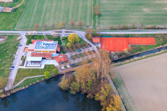 Hugo-Dörrler-Halle and tennis court of the TC 1983 eV Leimersheim at the pumping station Leimersheim in Leimersheim in the state Rhineland-Palatinate, Germany