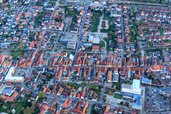 Aerial view of Savings bank and municipal administration in Gartenstr in Kandel in the state Rhineland-Palatinate, Germany