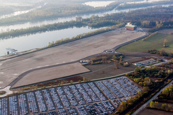 Aerial view of Construction of Port facilities on the banks of the river Rhine in Lauterbourg in Grand Est, France