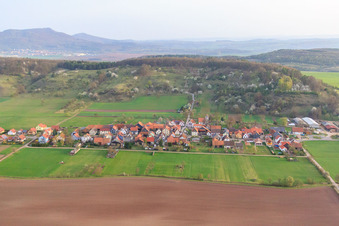 Aerial view of Village view from the south in front of the Schlechtsarter Switzerland in Schlechtsart in the state Thuringia, Germany
