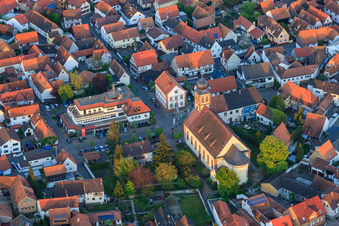 Aerial photograpy of Church Hagenbach and Sparkasse Südpfalz in Ludwigstr in Hagenbach in the state Rhineland-Palatinate, Germany