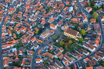 Church Hagenbach and Sparkasse Südpfalz in Ludwigstr in Hagenbach in the state Rhineland-Palatinate, Germany out of the air