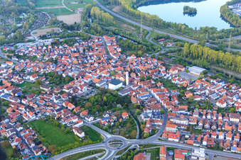 Aerial view of Alt-Wörth with Luitpoldstraße and parish church of St. Ägidius in Wörth am Rhein in the state Rhineland-Palatinate, Germany