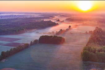Sunrise over the Otterbach lowlands in the morning mist in Minfeld in the state Rhineland-Palatinate, Germany
