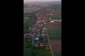 Village - view on the edge of agricultural fields and farmland in Freckenfeld in the state Rhineland-Palatinate, Germany from above