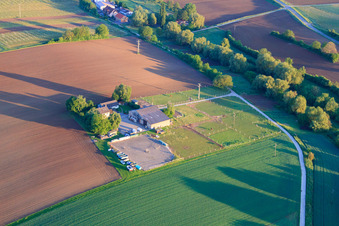Aerial view of Horse paddocks around the Birkenhof in Impflingen in the state Rhineland-Palatinate, Germany