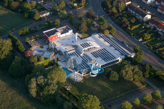 Aerial photograpy of LaOla indoor and outdoor swimming pool in the district Queichheim in Landau in der Pfalz in the state Rhineland-Palatinate, Germany