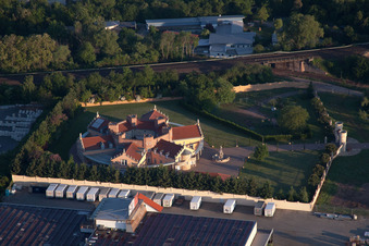 Aerial view of Star-shaped villa with battlements and castle wall in Fichtenstraße in Landau in der Pfalz in the state Rhineland-Palatinate, Germany