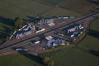 Aerial view of Motorway service area on the edge of the course of BAB highway Serways Pfaelzer Weinstrasse the district Eckel in Edesheim in the state Rhineland-Palatinate