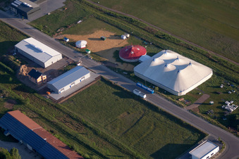 Aerial view of Circus tent in the district Speyerdorf in Neustadt an der Weinstraße in the state Rhineland-Palatinate, Germany