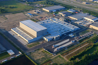 Construction site of Pfälzer Erfrischungsgetränke GmbH in Wörth am Rhein in the state Rhineland-Palatinate, Germany from the plane