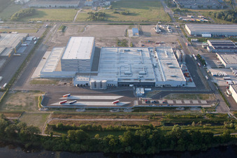 Oberwald industrial area in Wörth am Rhein in the state Rhineland-Palatinate, Germany from a drone