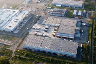 Aerial view of Oberwald industrial area in Wörth am Rhein in the state Rhineland-Palatinate, Germany