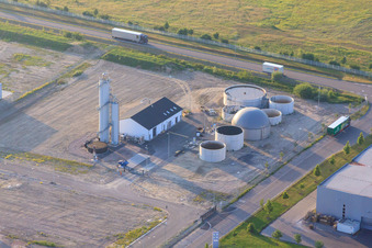 Aerial view of Wells and tanks in the Oberwald industrial area in Wörth am Rhein in the state Rhineland-Palatinate, Germany