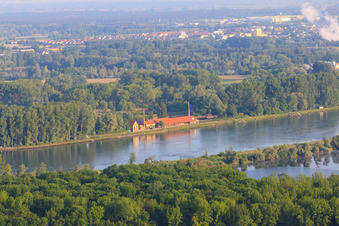 Aerial view of View from the Saalbachaltrhein to the Brickworks Museum on the Rhine dam from the east in Germersheim in the state Rhineland-Palatinate, Germany
