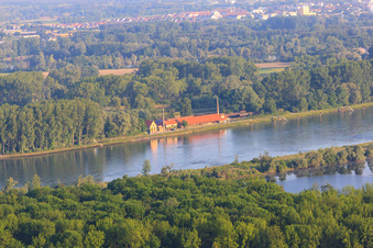 Aerial photograpy of View from the Saalbachaltrhein to the Brickworks Museum on the Rhine dam from the east in Germersheim in the state Rhineland-Palatinate, Germany