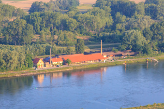View from the Saalbachaltrhein to the Brickworks Museum on the Rhine dam from the east in Germersheim in the state Rhineland-Palatinate, Germany from above