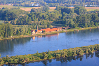View from the Saalbachaltrhein to the Brickworks Museum on the Rhine dam from the east in Germersheim in the state Rhineland-Palatinate, Germany out of the air