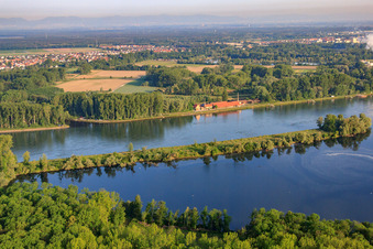 View from the Saalbachaltrhein to the Brickworks Museum on the Rhine dam from the east in Germersheim in the state Rhineland-Palatinate, Germany seen from above